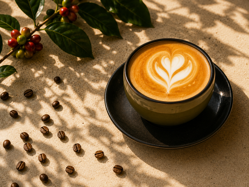 Sitio Belis coffee — a latte and freshly roasted beans