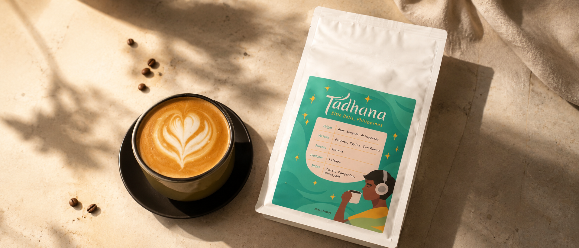 Editorial flatlay of latte art and Tadhana Coffee bag